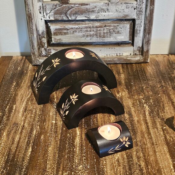 Boho Chic Wooden Floral Candle Holders Set/3 - Hand Carved Arch Tea Light Trio - Picture 8 of 10